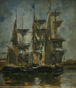 Drucke von Öl auf Holz, französische Schule, 19. Jahrhundert. Eugene Louis Boudin war einer der ersten französischen Landschaftsmaler, die außerhalb malten Claude Monet Drucke: Schiffe im Hafen, Eugen von Baudry (1824-1898)