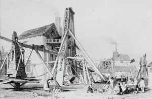 Drucke von 'Gravierung Dolcoath Kupfermine von 1831 aus Cornwall illustriert, zeigt die 76-Enginescheune mit Kapstan nebenan, zusammen mit einer Waschanlage und Bal Maidens Vereinigtes Königreich Drucke: Dolcoath Mine, Camborne, Cornwall. 1831