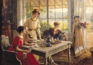 Bildende Kunst Drucke: Frauen beim Tee trinken (Öl auf Leinwand)