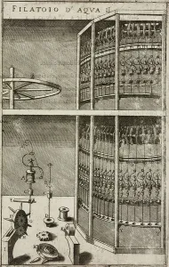 Wasserkraftgetriebene Spinnmaschine im Kupferstecher-Stil aus dem Novo Teatro di Machine et Edificii per Varie et Sicure Operationi von Vittorio Zonca, veröffentlicht durch Pietro Bertelli in Padua 1607