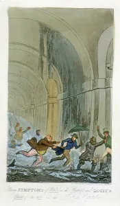 Thames Tunnel Construction Drucke: Tom, Jerry and Logic having a narrow escape as water breaks through during a visit to the Thames Tunnel workings