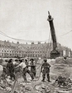 Das Abräumen der Vendôme-Säule während der Pariser Commune, Paris, Frankreich im Jahr 1871, aus The Century Illustrated Monthly Magazine, veröffentlicht 1884 (Holzschnitt).