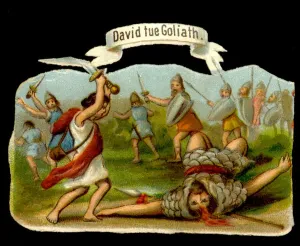 Christian Fine Art Prints Drucke: David and Goliath: David kills Goliath with his epee. 19th century chromolithography
