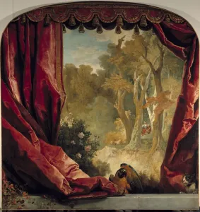 French Baroque Painter Drucke: Decorative composition with curtains, landscape and animals Painting by Nicolas de