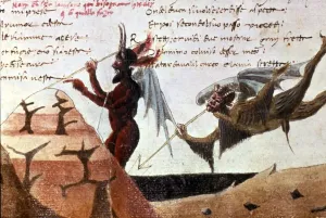Illuminated Manuscript Miniatures Drucke: The devils in a circle of hell after a handwritten edition of the Divina Commedia