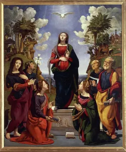 Cinquecento Period Paintings Drucke: Immaculate conception surrounded by Saints, c. 1500-05 (tempera grassa on wood)