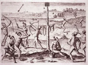 Ureinwohner von Amerika üben das Laufen, das Schießen mit Pfeilen und den Wurf eines Balls.