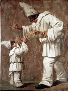Bildende Kunst Drucke: Pulcinella gibt Pasta an eine kleine Pulchinella, 19. Jahrhundert (Malerei)