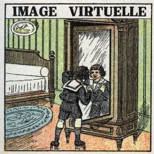 Spiegelbild des Lichts: virtuelles Bild eines Kindes, das über sich selbst nachdenkt und im Spiegel steht