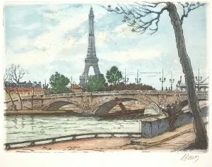 Eiffel Tower Landmark Drucke: Seine and Eiffel Tower (etching)