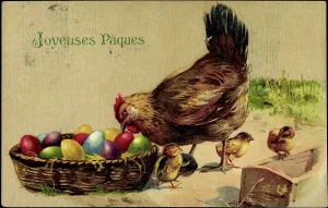 Ostertage Greeting Card Drucke: Congratulations Easter, hen with chicks, Easter eggs