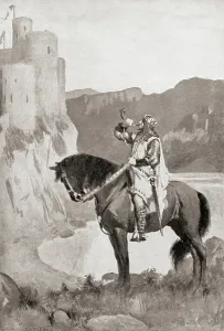 König Artus Drucke: Uther Pendragon, von Reading aus Historischen Romane, erschienen 1914 (Litho)