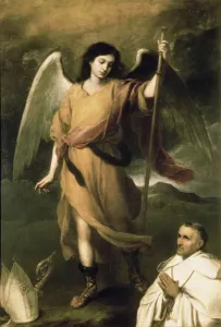 Drucke von BAL106329 Der Erzengel Raphaël mit Bischof Domonte (Öl auf Leinwand) von Murillo, Bartolome Esteban (1618-82); 211x150 cm; Pushkin-Museum, Moskau, Russland; Spanisch, urheberrechtlich nicht geschützt Raphael Drucke: Raphael mit Bischof Domonté im Öl auf Leinwand