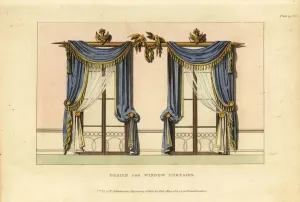 Drucke von Regency-Ära-Wandvorhänge von der britischen Schule (18.-19.Jahrhundert) ; (add.info.: Regency era window curtains) Mode Drucke: Sitzungswinkel der Regentzeit
