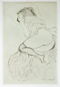 Weibliche Akt, nach links gedreht, 1912-13 (Bleistift, Füller und roter Kreide).
