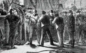 Great Eastern Ship Drucke: The Great Eastern used during the creation of the Atlantic Telegraph, 1850