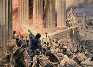 Der Brand der Bibliothek von Alexandria im Jahr 391 n. Chr., Illustration aus Hutchinsons Geschichte der Nationen, um 1910 (spätere Farbgebung) (Litho).
