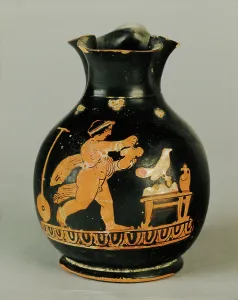 Everyday Life In Europe Drucke: Child chasing a bird which sits on a table with various objects