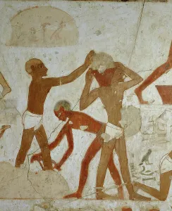 Ancient Egyptian Fresco Drucke: Workmen loading and carrying materials