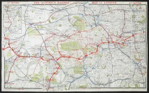 London Underground History Drucke: A map of London highlighting the District Railway of the London Underground