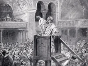 Johannes Chrysostomos Predigt in Konstantinopel, Illustration aus Hutchinsons Geschichte der Nationen, 1915 (Litho).