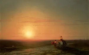 Sunset Landscape Art Drucke: Peasants returning from the fields at sunset
