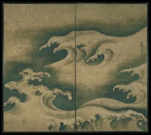 Rauhe Wellen, zweiteilige Faltschirmwand, um 1704-9 (Tusche, Farbe und Goldblatt auf Papier).