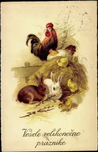 Easter Greeting Card Drucke: Congratulations Easter, rabbits, willow bibs, chicks