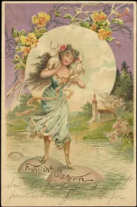Easter Egg Hunt Motifs Drucke: Embossing congratulations Easter, woman wears rabbits over sea