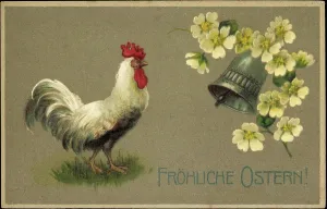 Easter Embossing Art Drucke: Embossing congratulations Easter, Rooster, Bell, Flowers