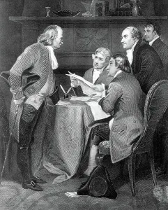 Historical Figure Portraits USA Drucke: Drafting the Declaration of Independence in 1776, 19th century (engraving)