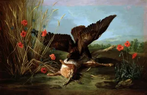 Drucke von XIR383901 Ein Bussard, der eine Hase umwirft, oder Der Falken und die Hase, 1749 (Öl auf Leinwand) von Oudry, Jean-Baptiste (1686-1755); 105,5x165,5 cm; Musée d'Art Thomas Henry in Cherbourg O Drucke: Ein Bussard, der einen Hasen umstürzt