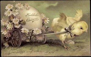 Happy Easter Greeting Card Drucke: Congratulations Easter, Chick with Easter Egg, Daisy