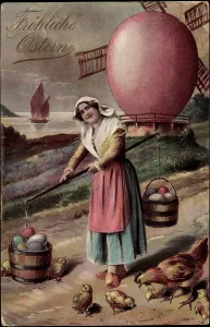 Happy Easter Greeting Card Drucke: Congratulations Easter, Easter egg mill, farmer, chick