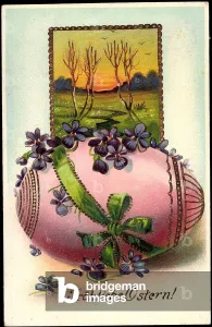 Happy Easter Greeting Card Drucke: Congratulations Easter, Pink Easter Egg, Stream Landscape