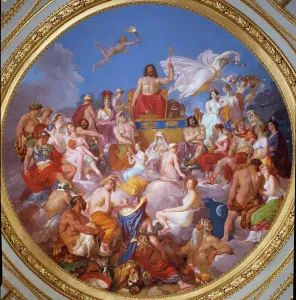 Bildende Kunst Drucke: Der Rat der Götter (oder Versammlung der Götter): Zeus auf Olympus umgibt Göttinnen.