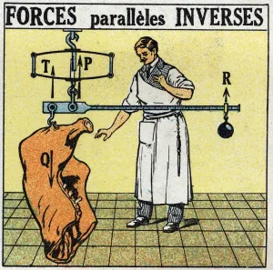 Kraften: Rückwärts parallele Kräfte. Ein Metzger wiegt ein Fleischkörper mit einem römischen Gewichtsmaß.