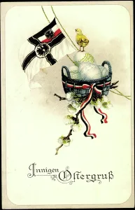 Easter Lithograph Drucke: Litho Congratulations Easter, Easter Eggs, Flag, Chick