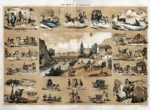 Means Of Transportation Drucke: Progress and technical development of transport, a board illustrating the evolution of