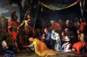 Drucke von Die Königinnen von Persien am Fuße Alexanders, auch bekannt als Das Zelt des Dareios, um 1660 (Öl auf Leinwand) von Charles Le Brun; 117.3x453 cm; Schloss de Versailles Mazedonien Drucke: Die Königinnen von Persien vor dem Fuß Alexander