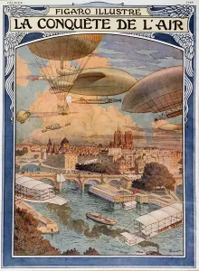 Die Eroberung des Himmels: Luftschiff, Ballon und Ballon über Paris.