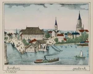 Blick auf Konstanz mit Hafen, Konzil und Dom, von Neuruppiner Bilderbogen.