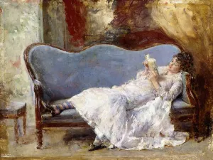 Eine Dame liest, (Öl auf Leinwand).