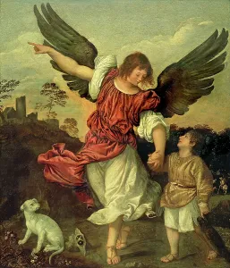 Drucke von FTB64568 Raphael und Tobias, 1507-8 (Öl auf Holz) von Titian, Tiziano Vecelli (um 1488-1576) (Folger); 170x146 cm; Gallerie dell Accademia, Venedig, Italien; italienisch, aus dem Urheberrecht heraus Raphael Drucke: Raphael und Tobias, 1507-8 (Öl auf Leinwand)