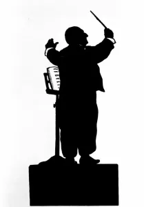 Die Aufführung des österreichischen Komponisten Anton Bruckner (1824 - 1896), der ein Orchester dirigiert. Chinesisches Schattenbild von O. Bohler.