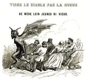 Einhundert Sprichwörter: Den Teufel am Schwanz packen geht nicht weit, jung oder alt, 1845 (Radierung).