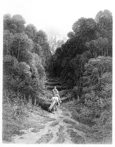 König Artus Drucke: Lancelot nähert sich dem Schloss in Astolat, Illustration aus den Idyllen des Königs