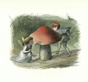 Fairyland Illustrations Drucke: Fairy hiding from an elf behind a toadstool