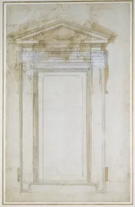 Renaissance Architecture Drawing Drucke: Study of a window with triangular gable, c. 1546 (black chalk, wash, pen & ink on paper)