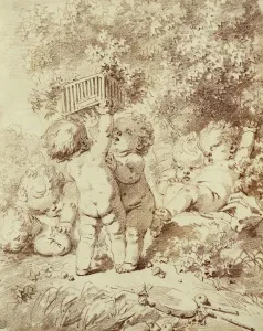 Drucke von 659234 Sechs Putti beim Spiel, Zwei halten ein Käfig hoch, (rot weisses Kreide) von Fragonard, Jean-Honoré (1732-1806); 30,4 x 24,4 cm; Privatsammlung; (add.info.: Sechs Putti beim Spiel) Jean-Honore Fragonard Drucke: Sechs Putti beim Spiel, zwei halten ein Käfig hoch, (roter Kreide).
